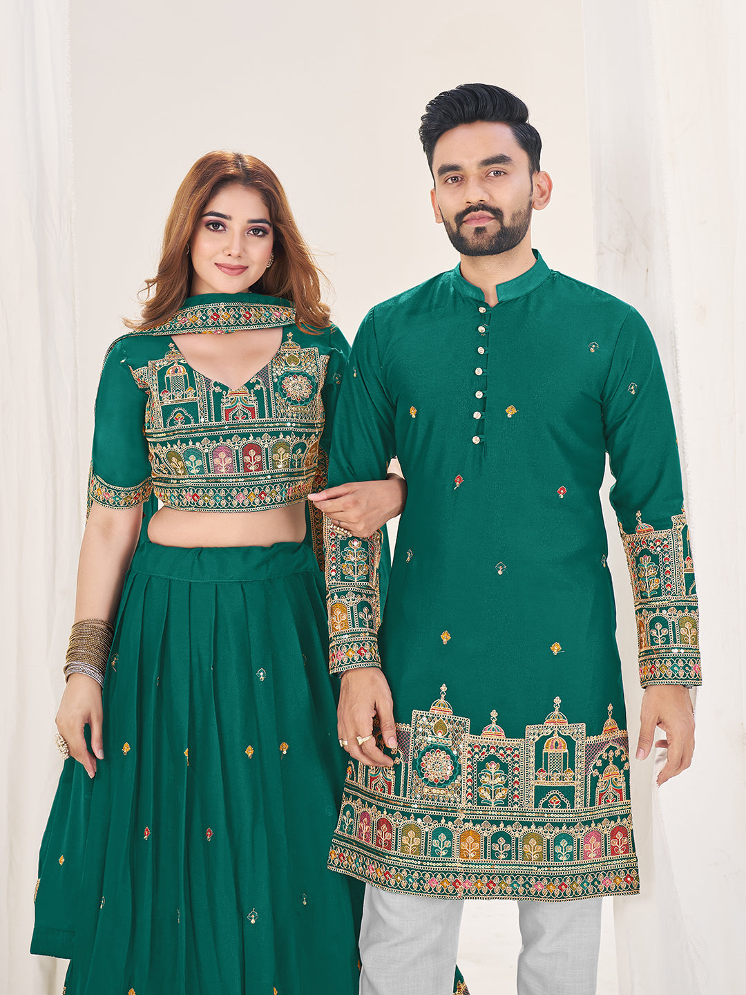 Shahi Joda Embroidered Lehenga Choli & Matching Men's Kurta Set Combo