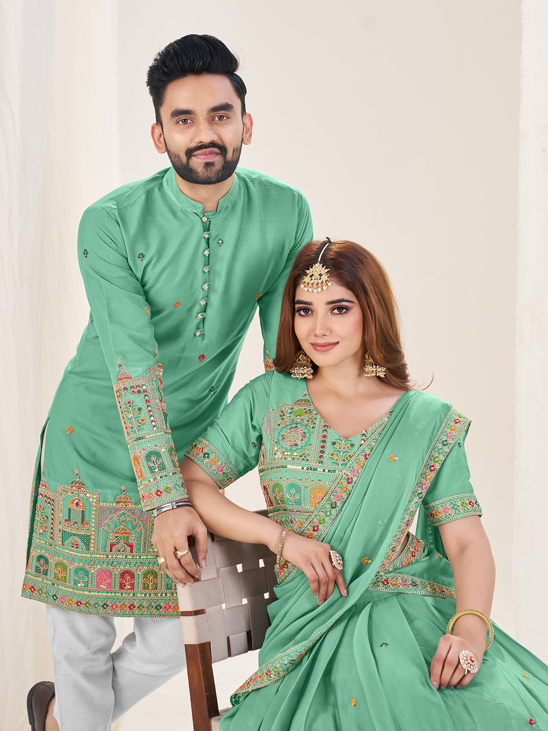 Prem Rang Embroidered Lehenga Choli & Matching Men's Kurta Set Combo