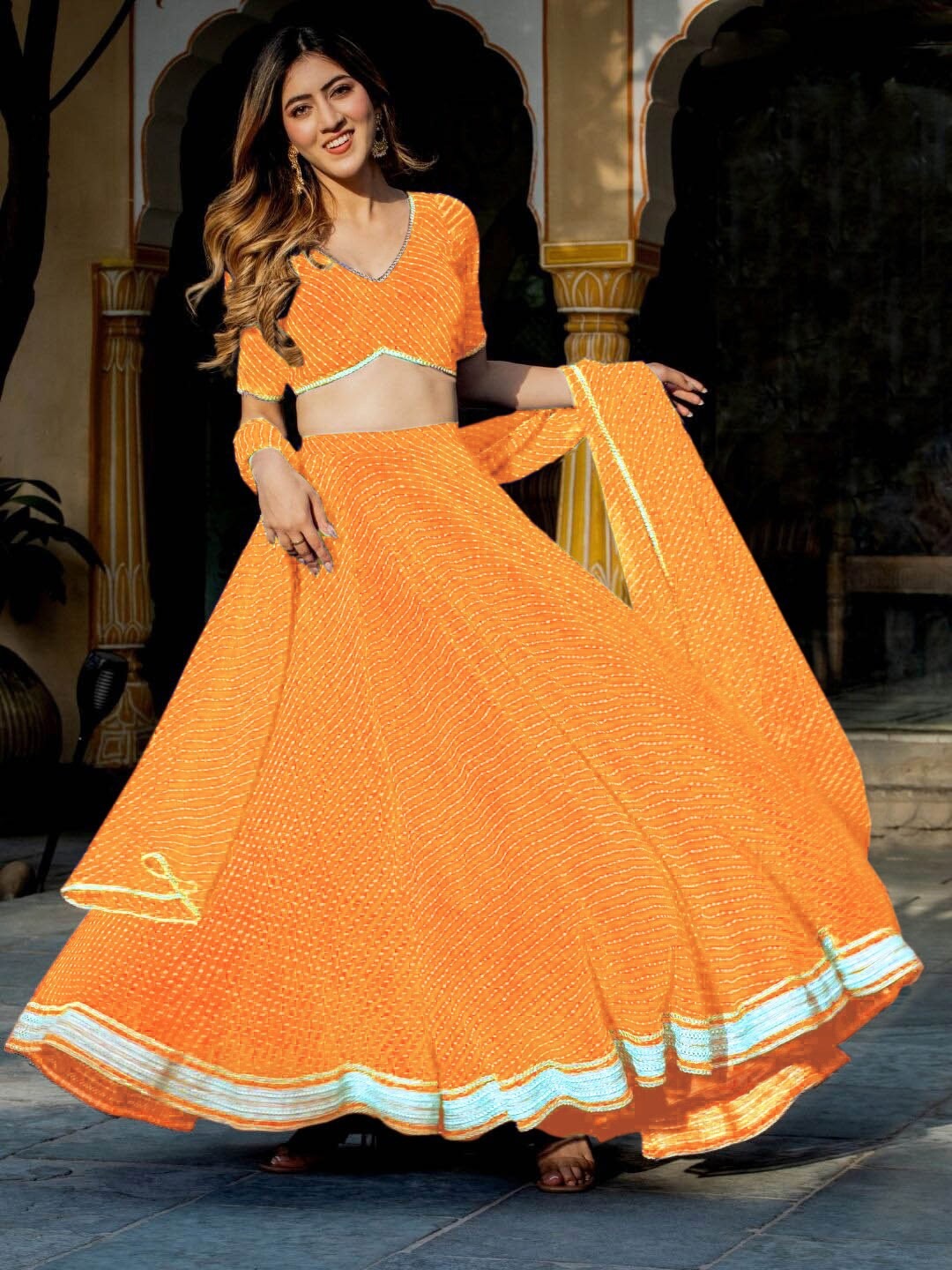 Yellow Leheriya Print Zari And Cording Lace Work Lehengha Choli