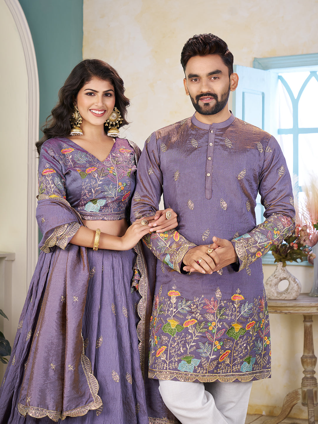 Rajvilaas Embroidered Lehenga Choli & Matching Men's Kurta Set Combo