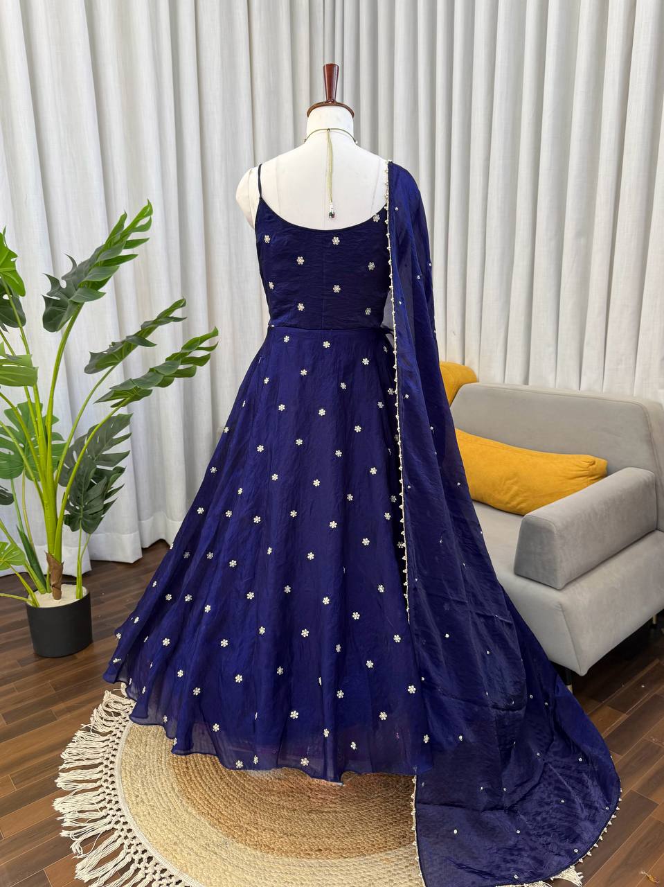 Serenique Navy Fendy Silk Flared Suit Set
