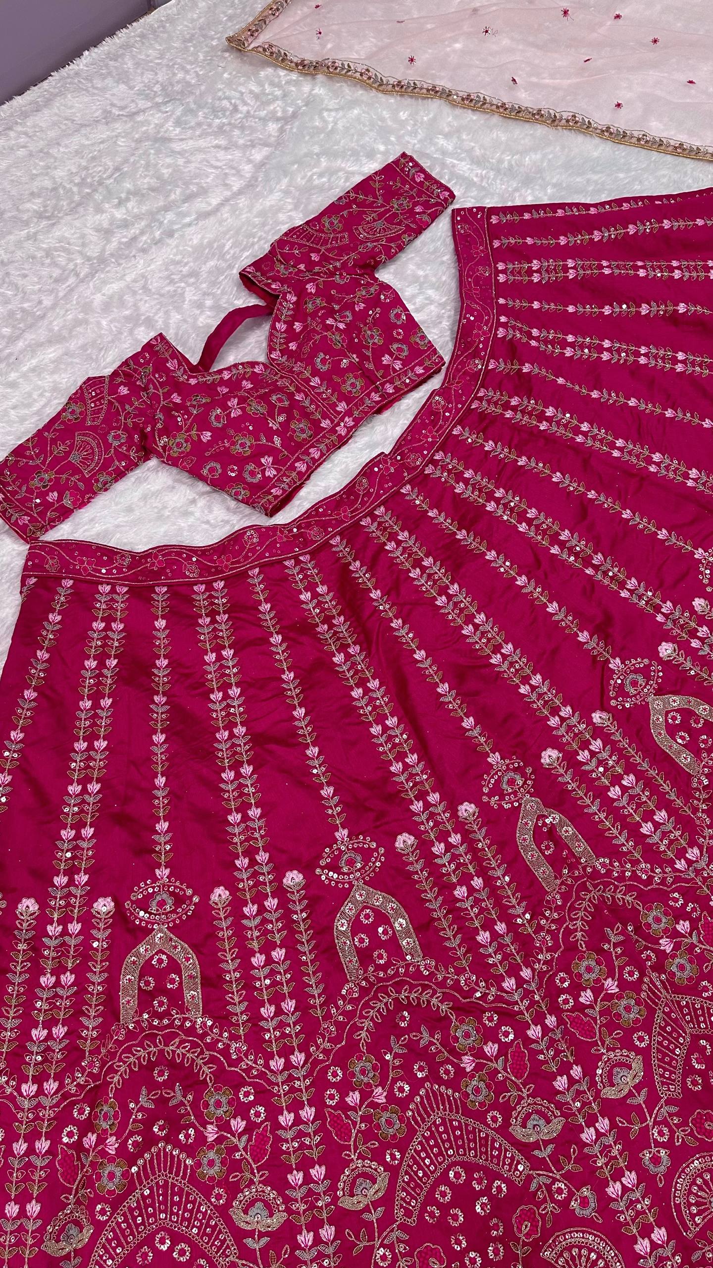 Mehrisha Dark Pink Slub Silk Dori Sequins Bridal Lehenga Choli