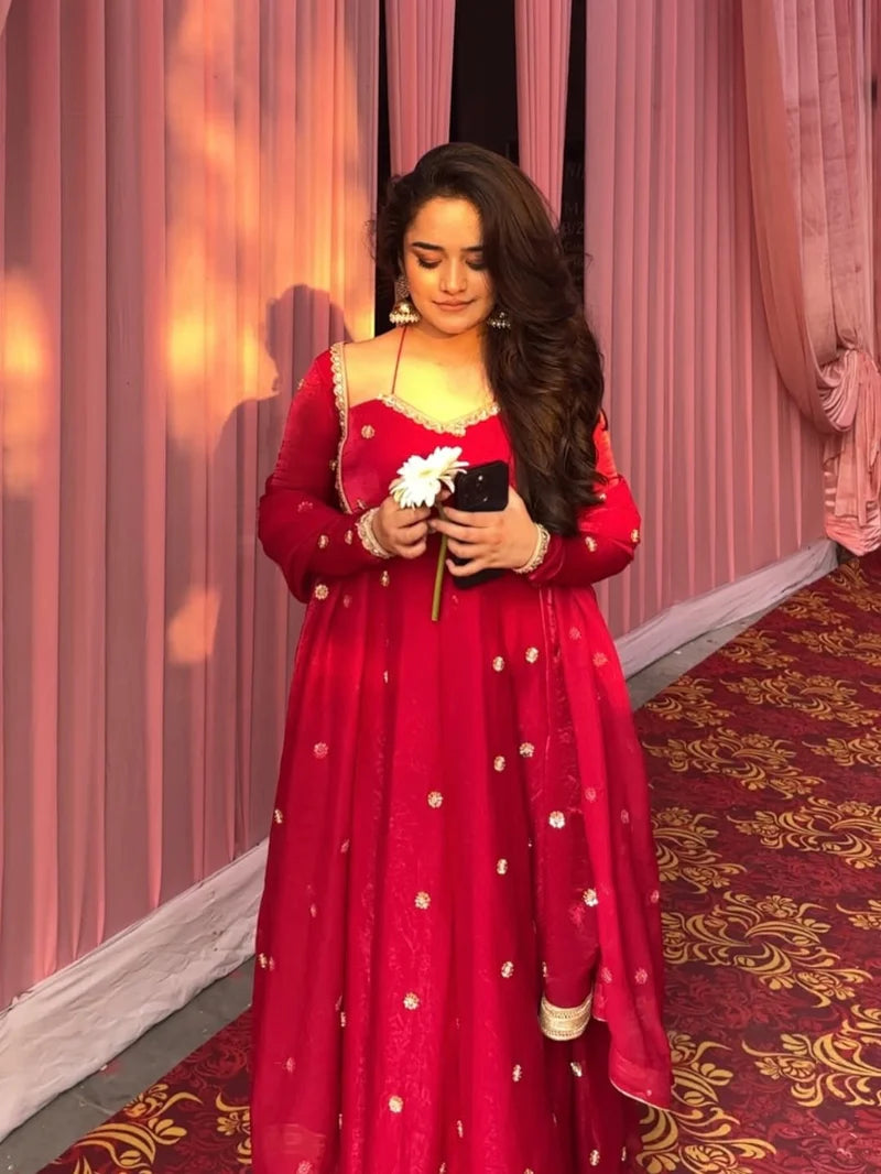 Tasnvi Fendy Silk Blush Red Anarkali Premium Suit Set