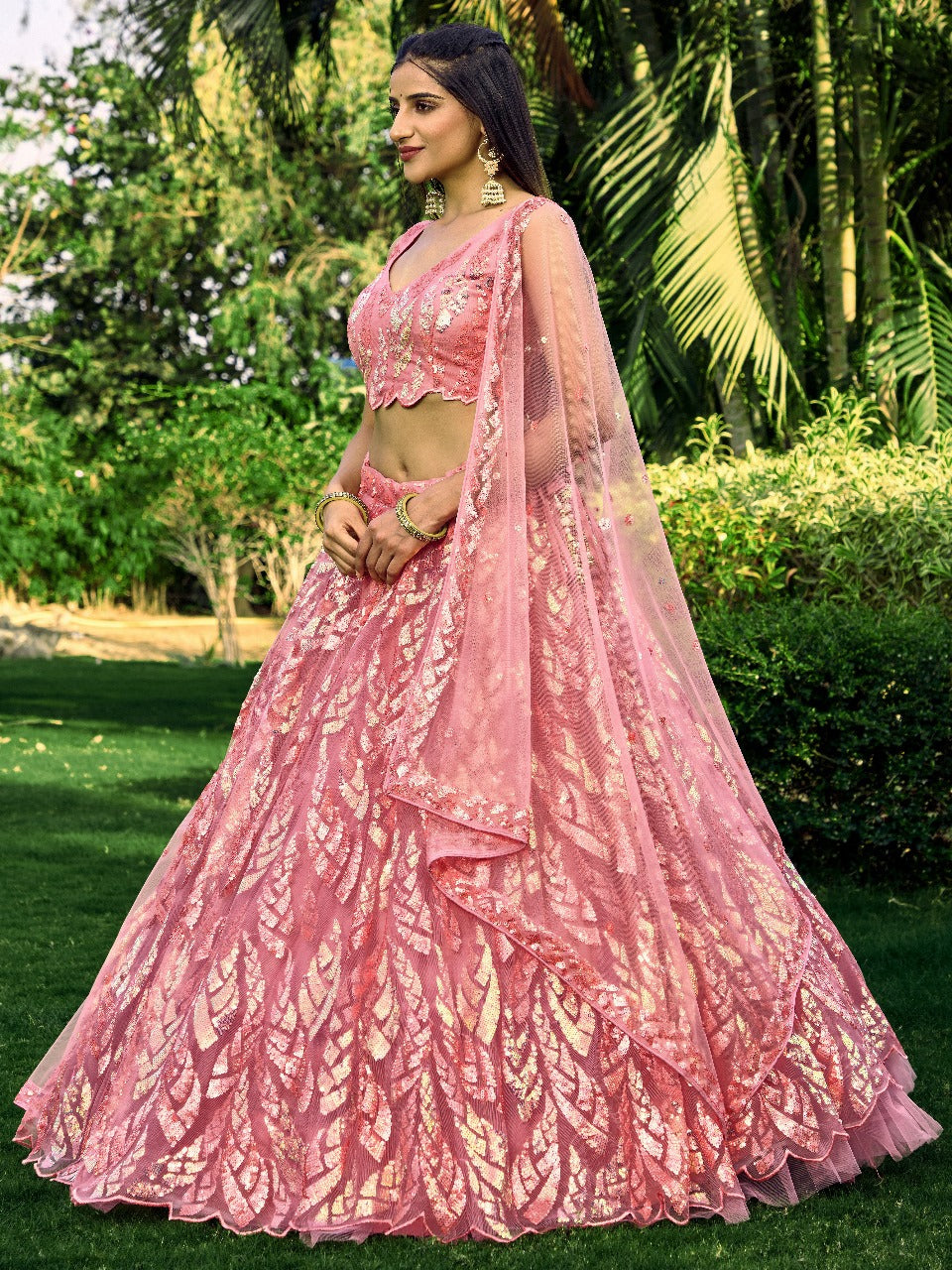 Pink Soft Net Partywear Thread Embroidery Work Lehengha Choli