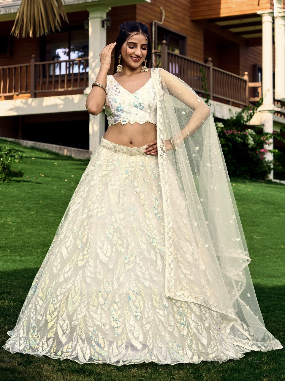 White Soft Net Partywear Thread Embroidery Work Lehengha Choli