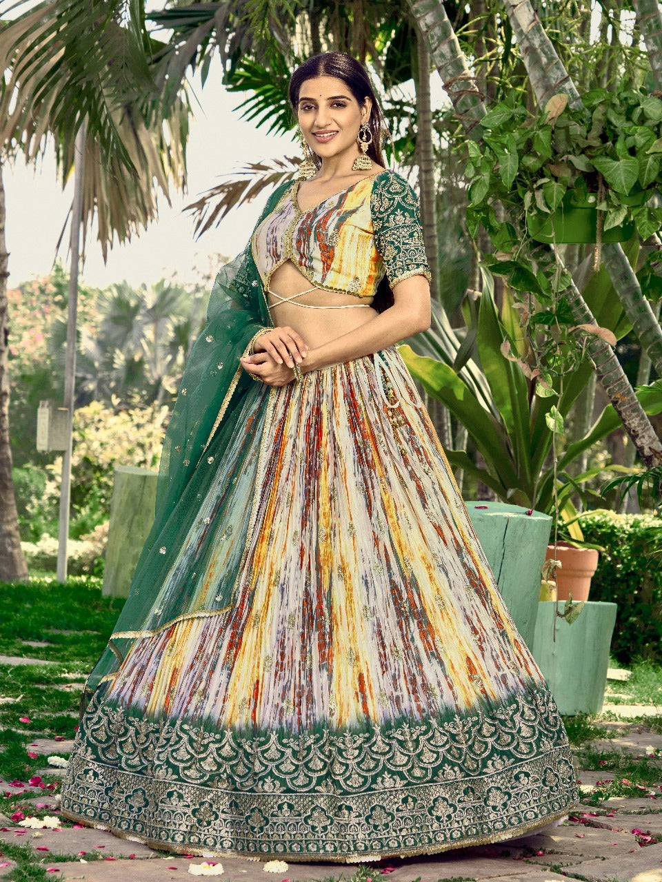 Green Chinon Fabric Zari Embroidery Work Lehengha Choli