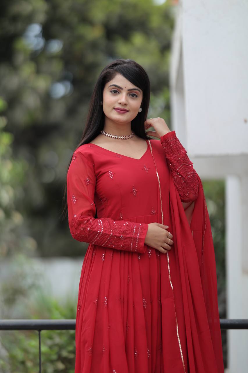Elegant Maroon Georgette Anarkali Suit Set with Matching Dupatta
