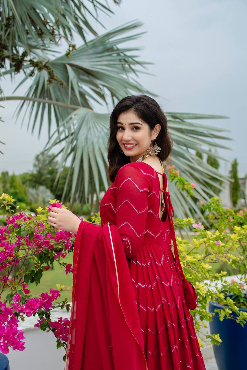 Royal Maroon Faux Georgette Designer Anarkali Suit with Thread-Sequins Embroidery