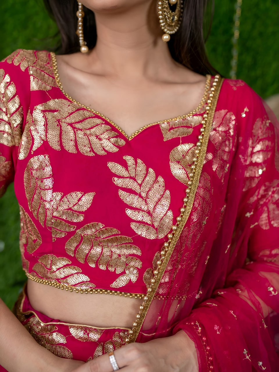 Vasundhara Pink Georgette Zari Sequins & Pearl Lace Lehenga Choli