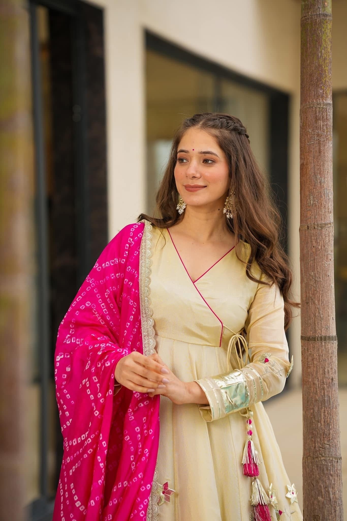 Cream Premium Soft Chinon Handmade Gottapatti Work Suit