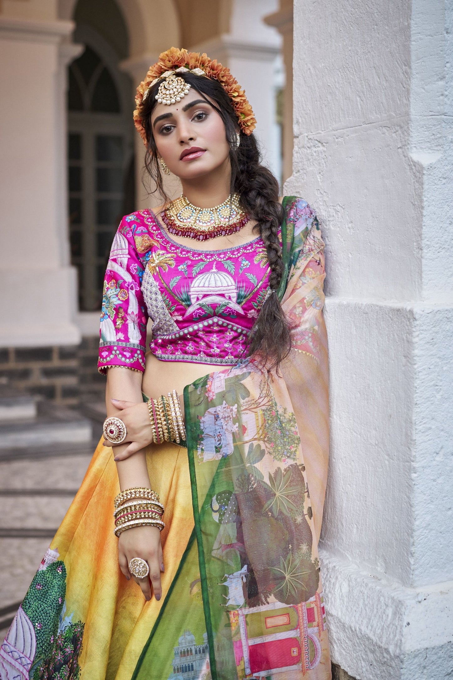 Yathira Yellow Art Silk Lehenga Choli with Organza Dupatta