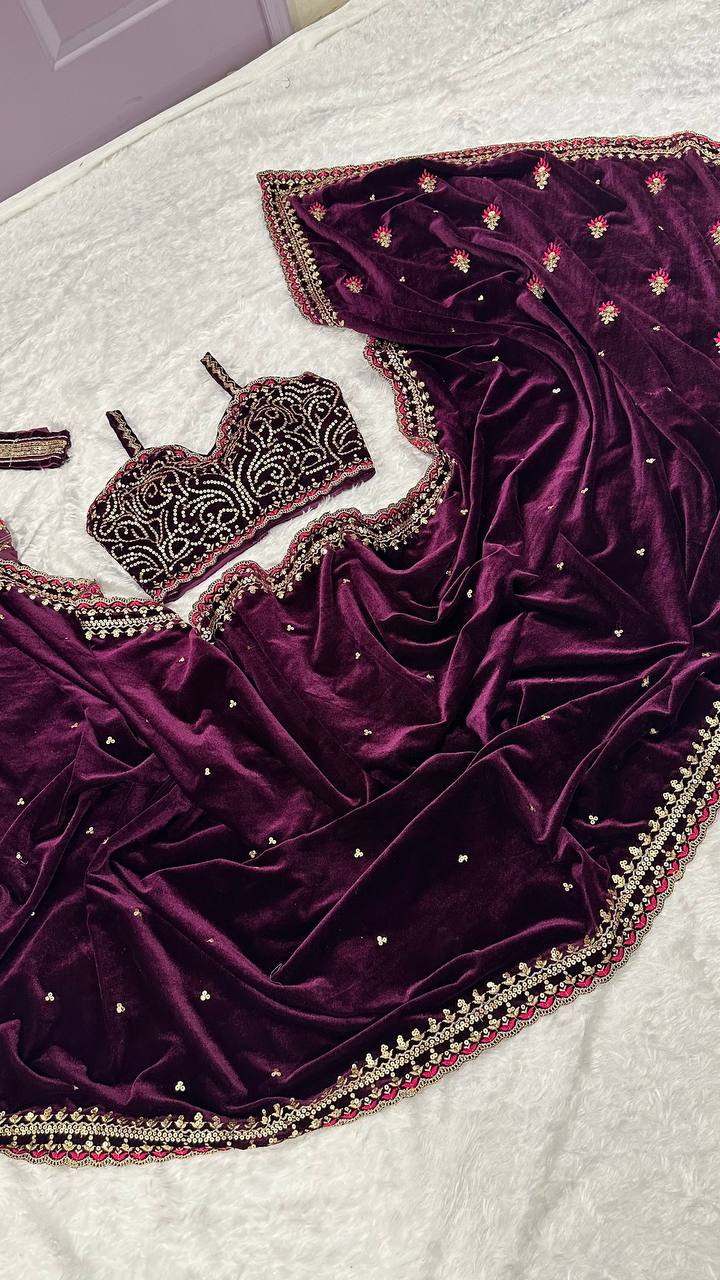 Wine Premium Velvet Saree Set