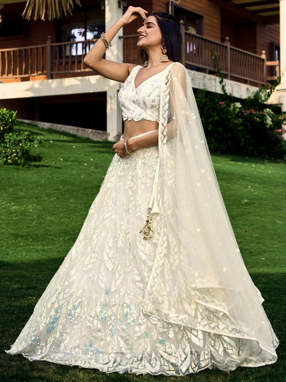 White Soft Net Partywear Thread Embroidery Work Lehengha Choli