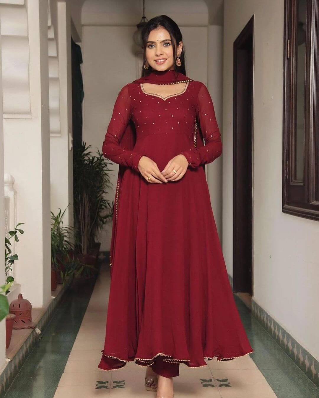 Red Georgette Fully Flare Anarkali