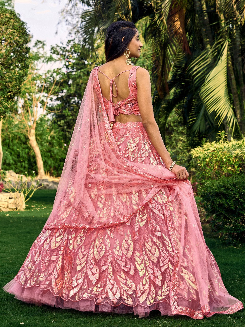 Pink Soft Net Partywear Thread Embroidery Work Lehengha Choli