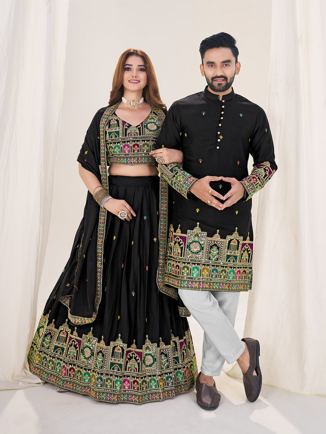 Shringaar Jodi Embroidered Lehenga Choli & Matching Men's Kurta Set Combo