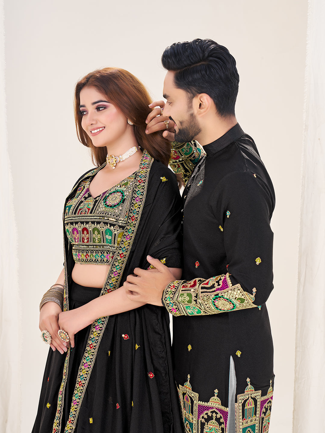Shringaar Jodi Embroidered Lehenga Choli & Matching Men's Kurta Set Combo