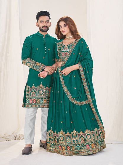 Shahi Joda Embroidered Lehenga Choli & Matching Men's Kurta Set Combo