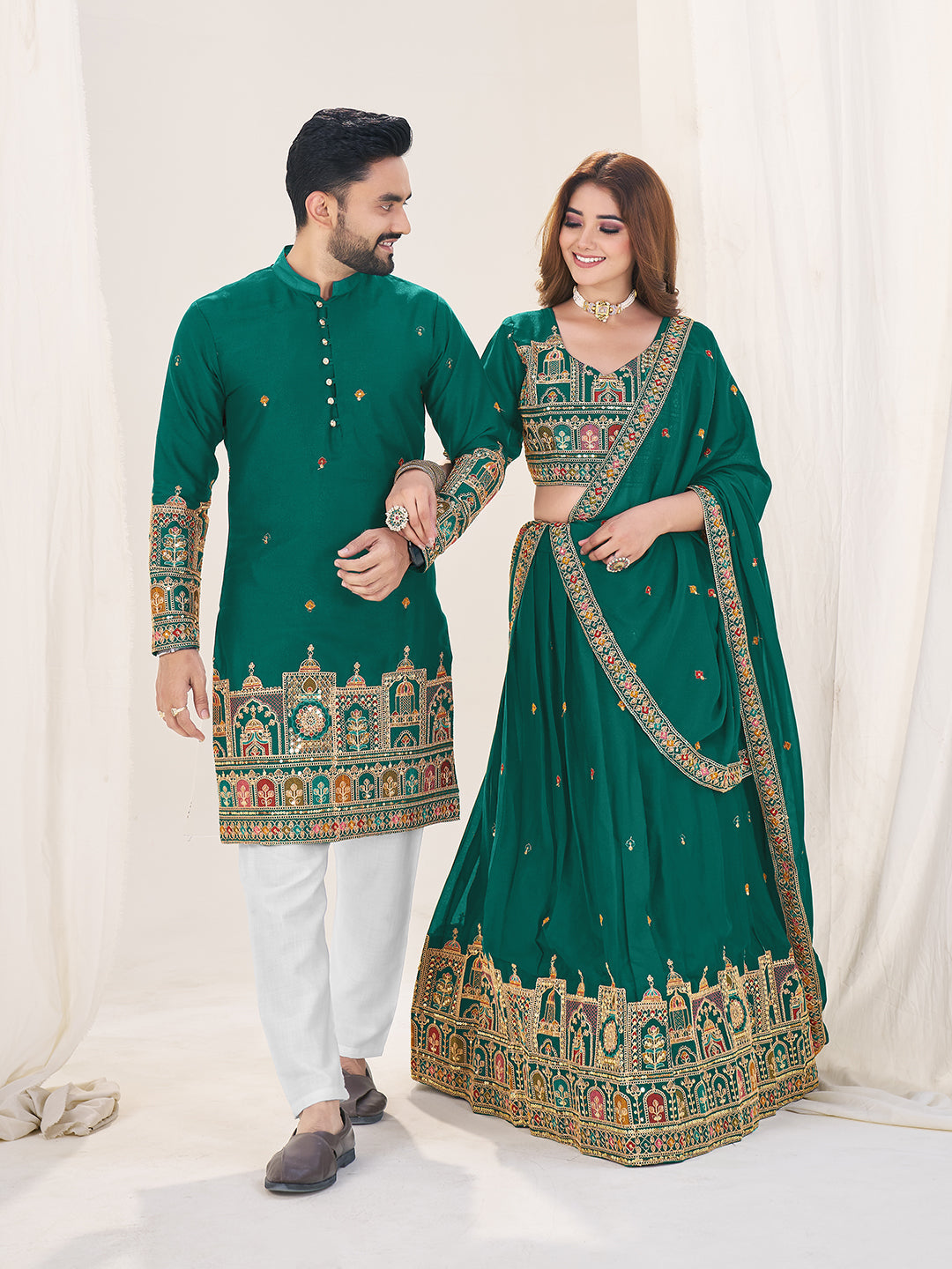 Shahi Joda Embroidered Lehenga Choli & Matching Men's Kurta Set Combo