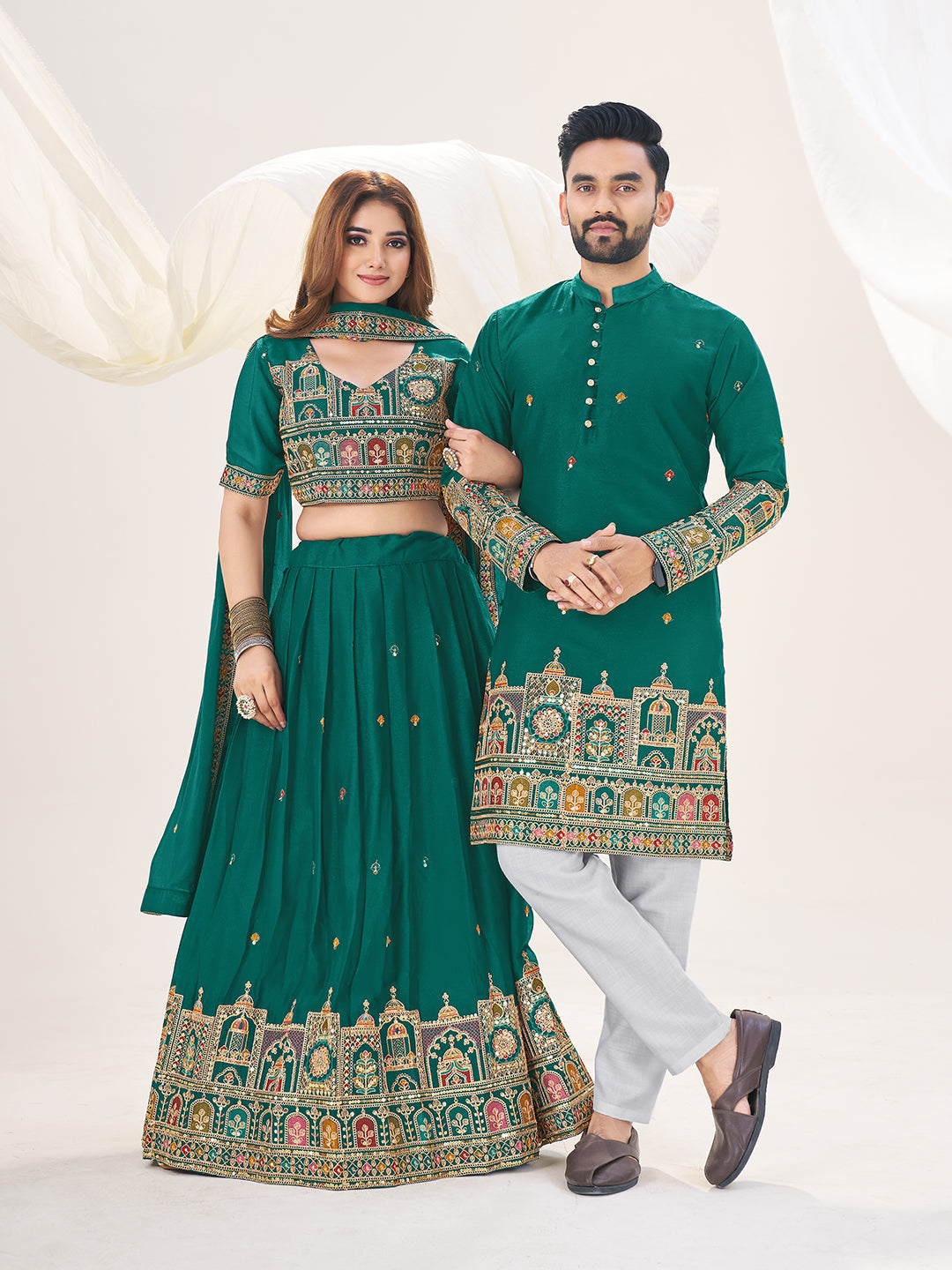 Shahi Joda Embroidered Lehenga Choli & Matching Men's Kurta Set Combo