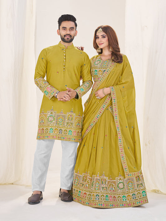 Mohini Shyaam Embroidered Lehenga Choli & Matching Men's Kurta Set Combo
