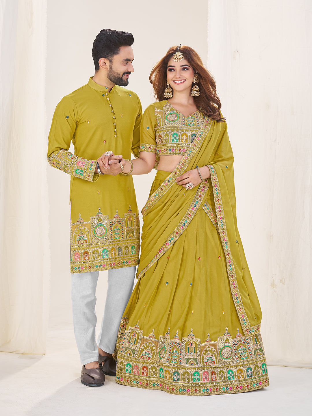 Mohini Shyaam Embroidered Lehenga Choli & Matching Men's Kurta Set Combo