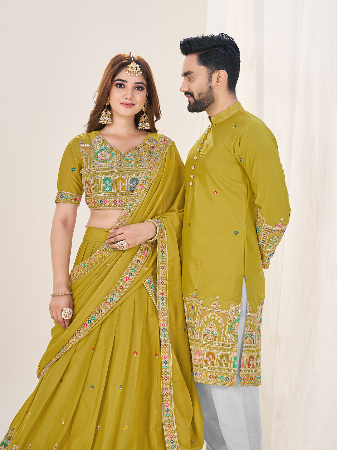Mohini Shyaam Embroidered Lehenga Choli & Matching Men's Kurta Set Combo