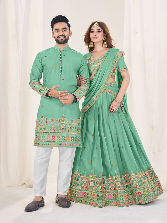 Prem Rang Embroidered Lehenga Choli & Matching Men's Kurta Set Combo