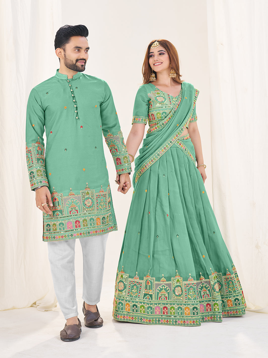 Prem Rang Embroidered Lehenga Choli & Matching Men's Kurta Set Combo