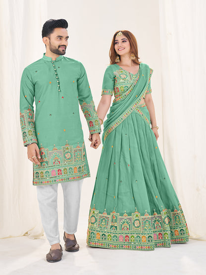 Prem Rang Embroidered Lehenga Choli & Matching Men's Kurta Set Combo
