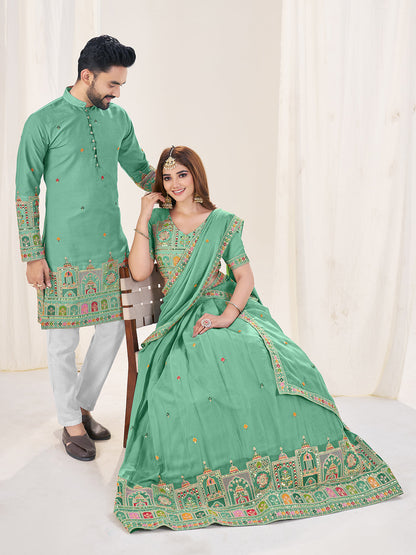 Prem Rang Embroidered Lehenga Choli & Matching Men's Kurta Set Combo
