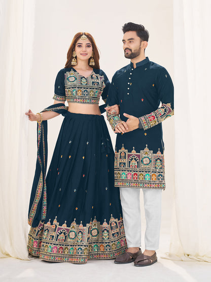 Shubh Neel Embroidered Lehenga Choli & Matching Men's Kurta Set Combo