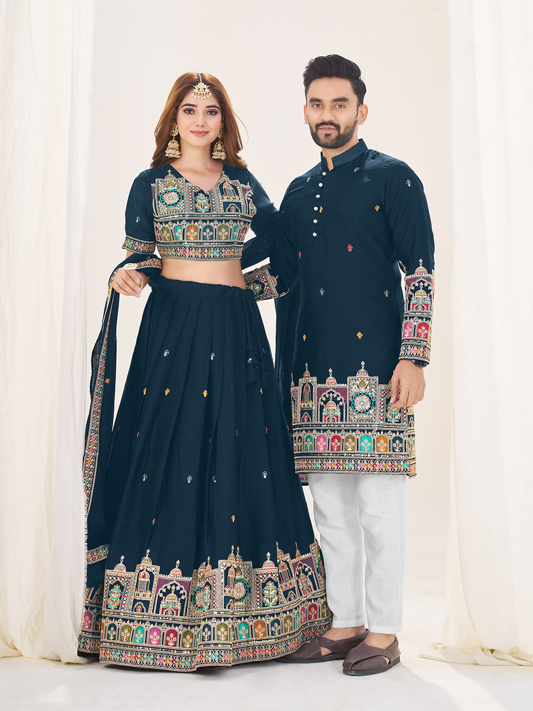 Shubh Neel Embroidered Lehenga Choli & Matching Men's Kurta Set Combo