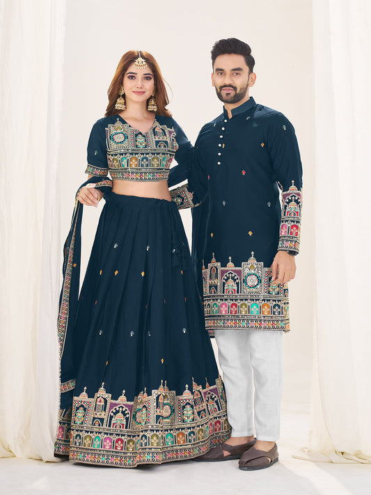 Shubh Neel Embroidered Lehenga Choli & Matching Men's Kurta Set Combo