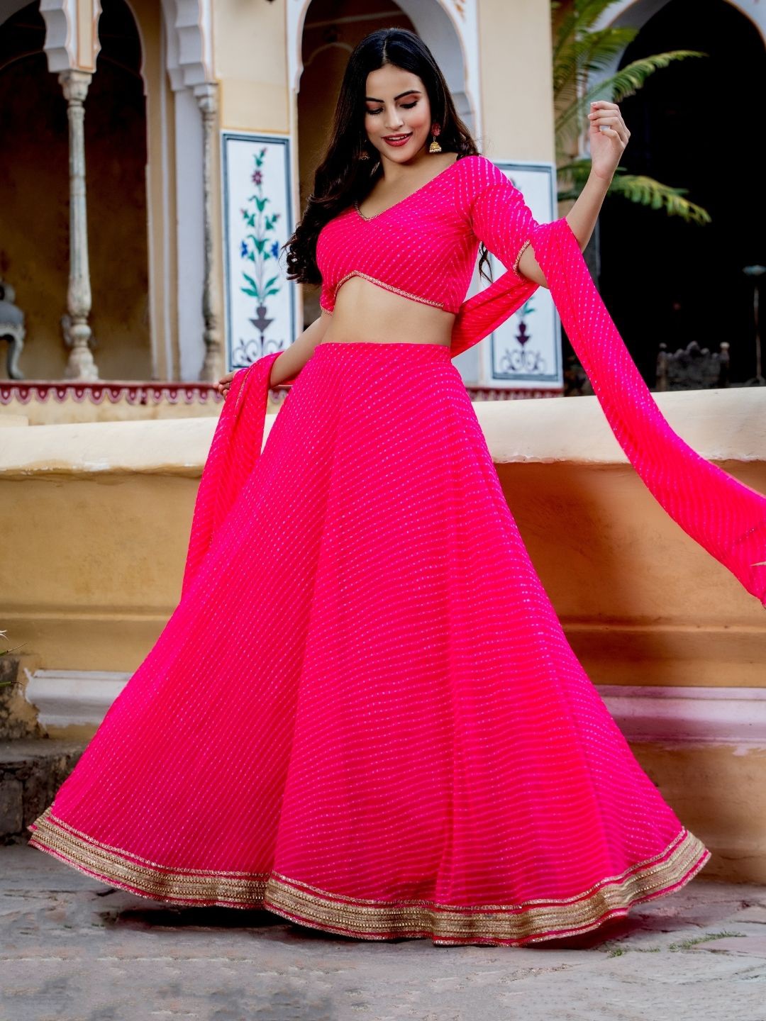 Pink Lehriya Print Zari And Cording Lace Work Lehengha Choli
