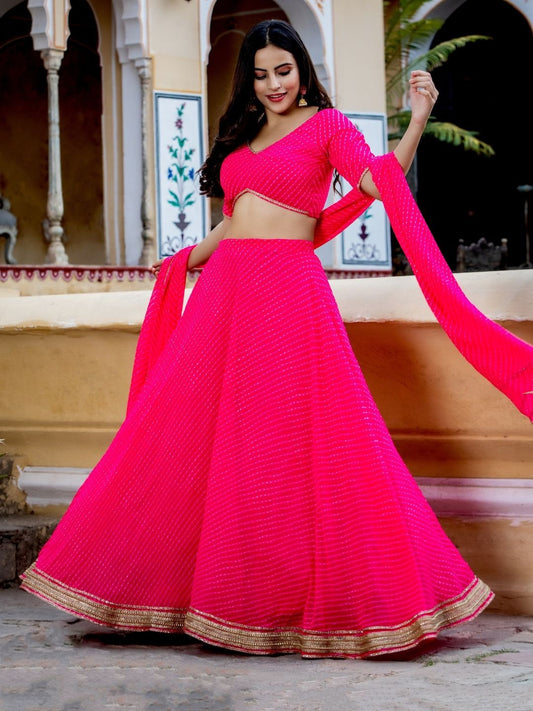 Pink Lehriya Print Zari And Cording Lace Work Lehengha Choli