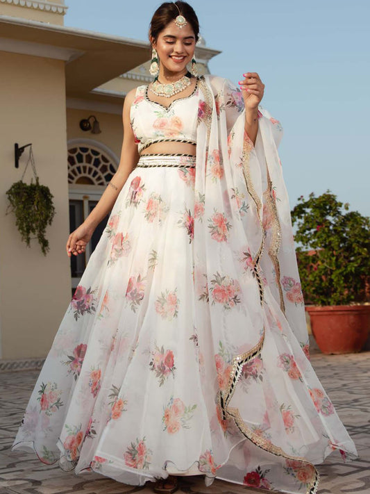 Trisha White Oraganza Floral Print Lehengha Choli