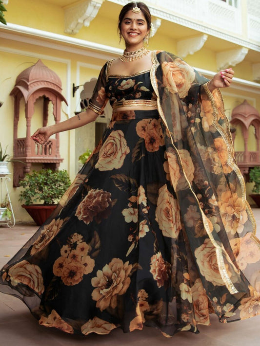 Black Oraganza Floral Print Lehengha Choli