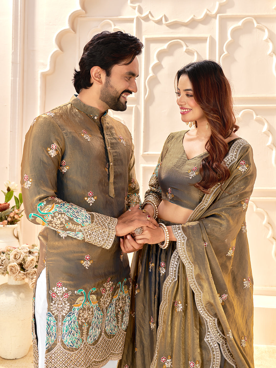 Meherva Olive Green Fendi Silk Embroidered Couple Wear Lehenga Kurta Set