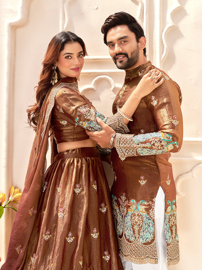 Rudrayan Copper Brown Fendi Silk Embroidered Couple Wear Set