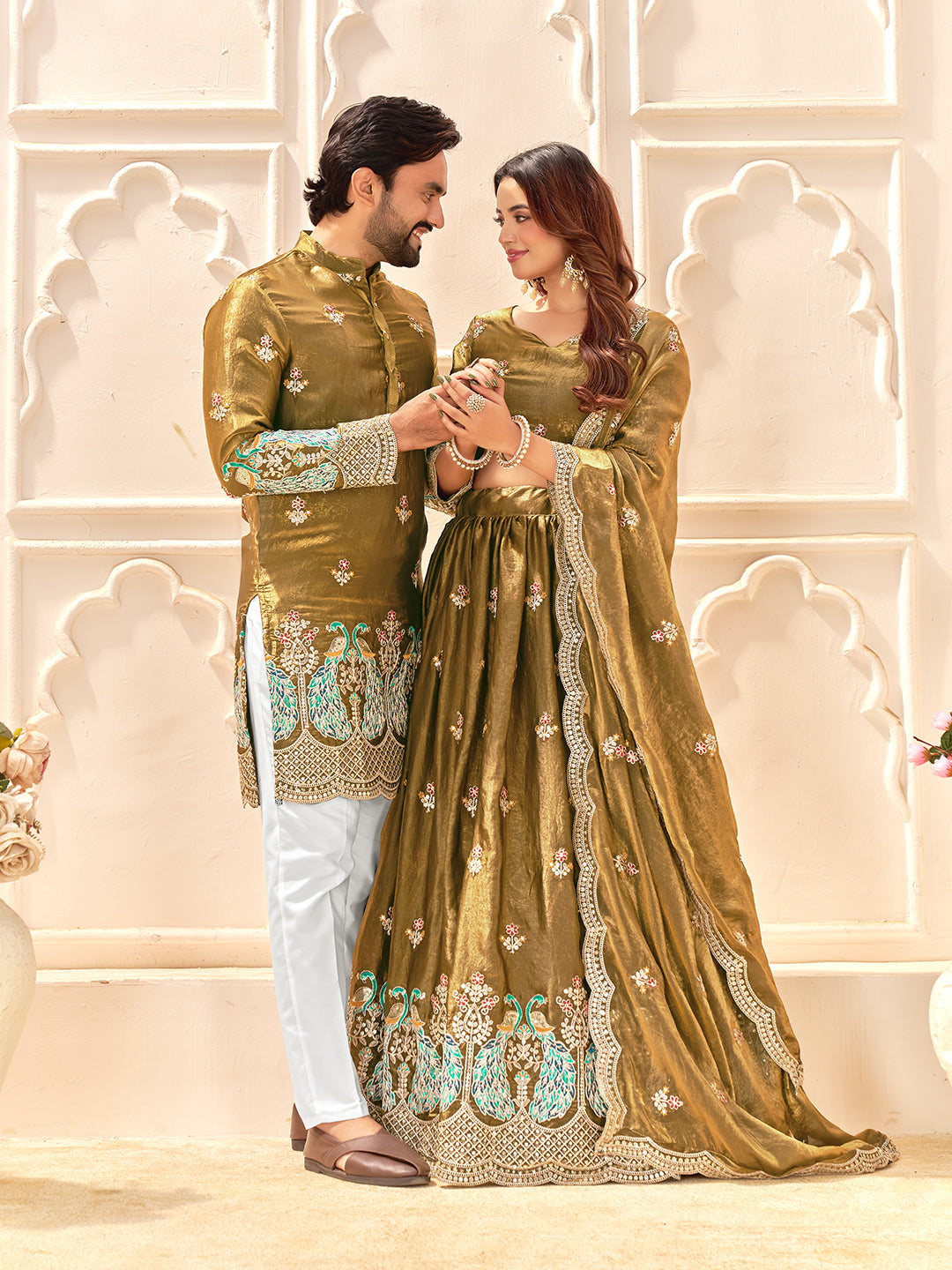 Aurevansh Antique Mustard Fendi Silk Embroidered Couple Wear Set