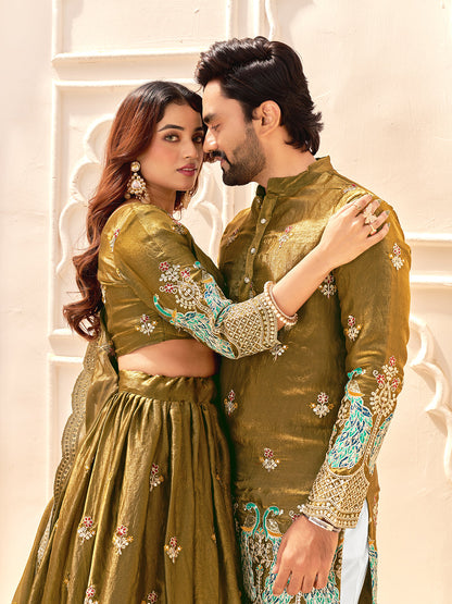 Aurevansh Antique Mustard Fendi Silk Embroidered Couple Wear Set