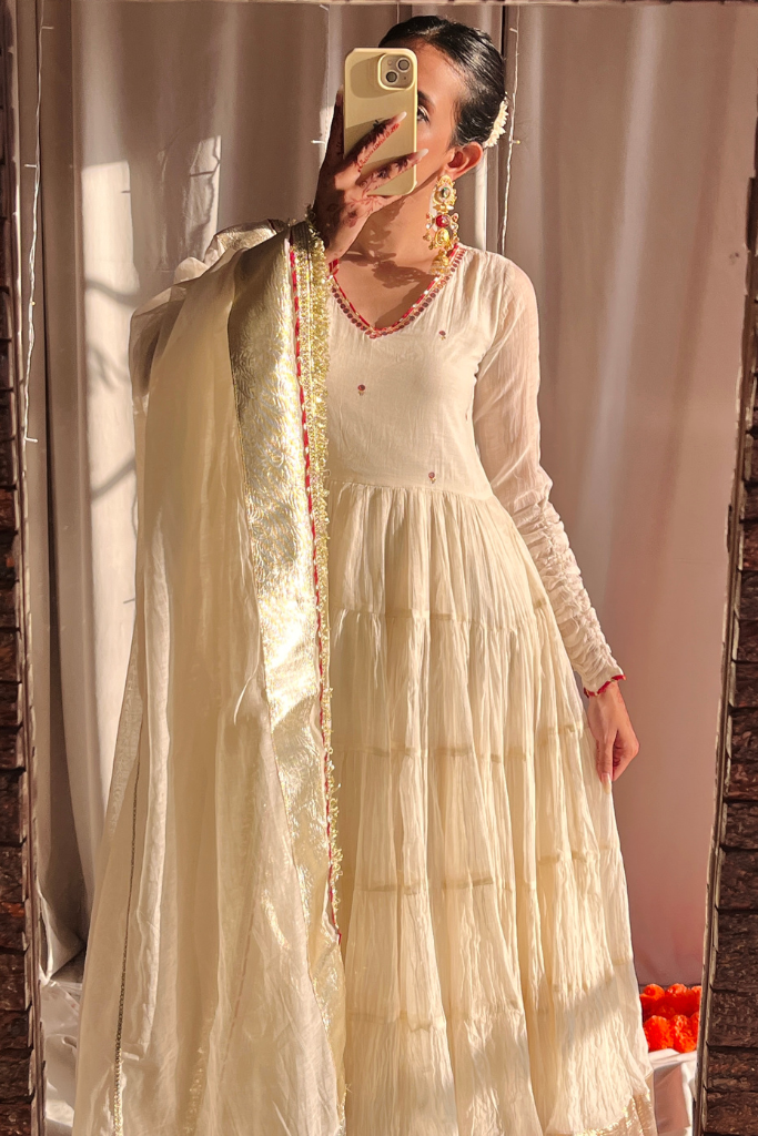 Saanjh Off White Vichitra Silk Heavy Sequins Gown Set