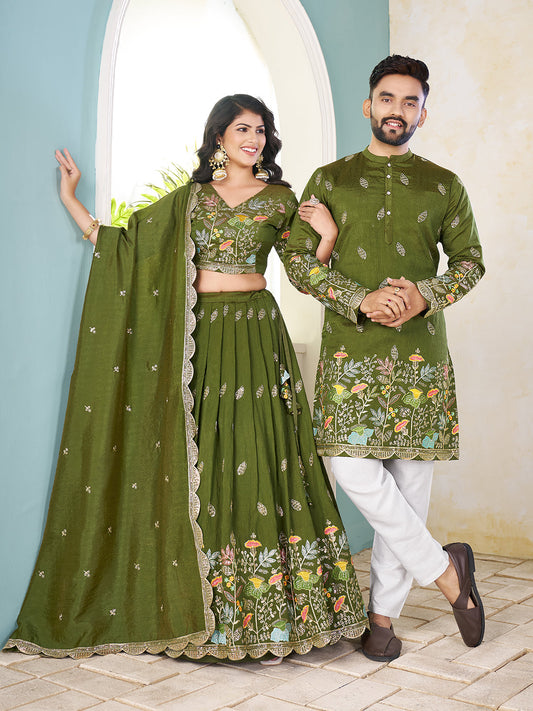 Mehak-e-Hara Embroidered Lehenga Choli & Matching Men's Kurta Set Combo