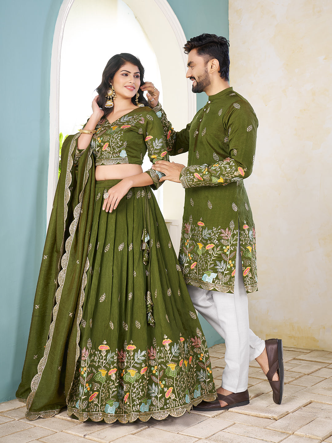 Mehak-e-Hara Embroidered Lehenga Choli & Matching Men's Kurta Set Combo