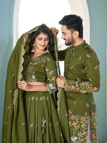Mehak-e-Hara Embroidered Lehenga Choli & Matching Men's Kurta Set Combo