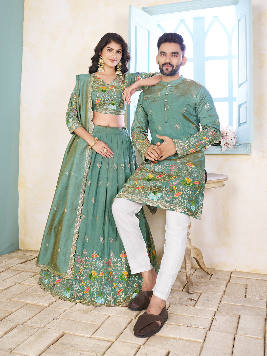 Gagan Saaz Embroidered Lehenga Choli & Matching Men's Kurta Set Combo