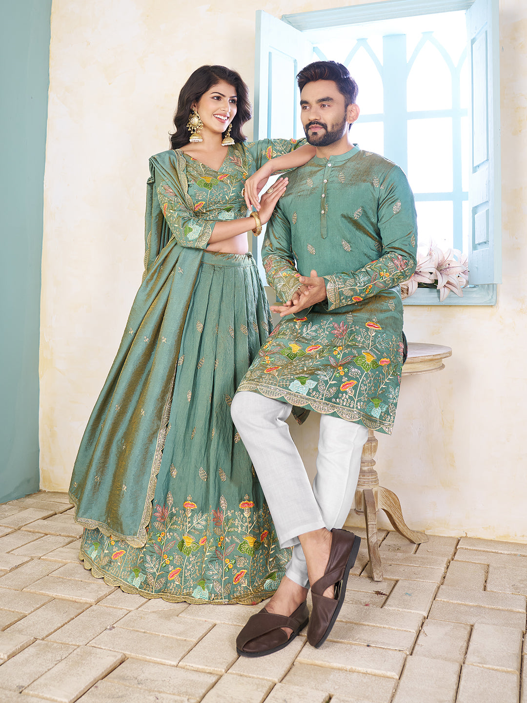 Gagan Saaz Embroidered Lehenga Choli & Matching Men's Kurta Set Combo