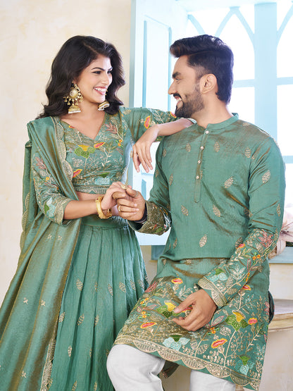 Gagan Saaz Embroidered Lehenga Choli & Matching Men's Kurta Set Combo