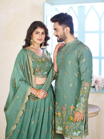 Gagan Saaz Embroidered Lehenga Choli & Matching Men's Kurta Set Combo